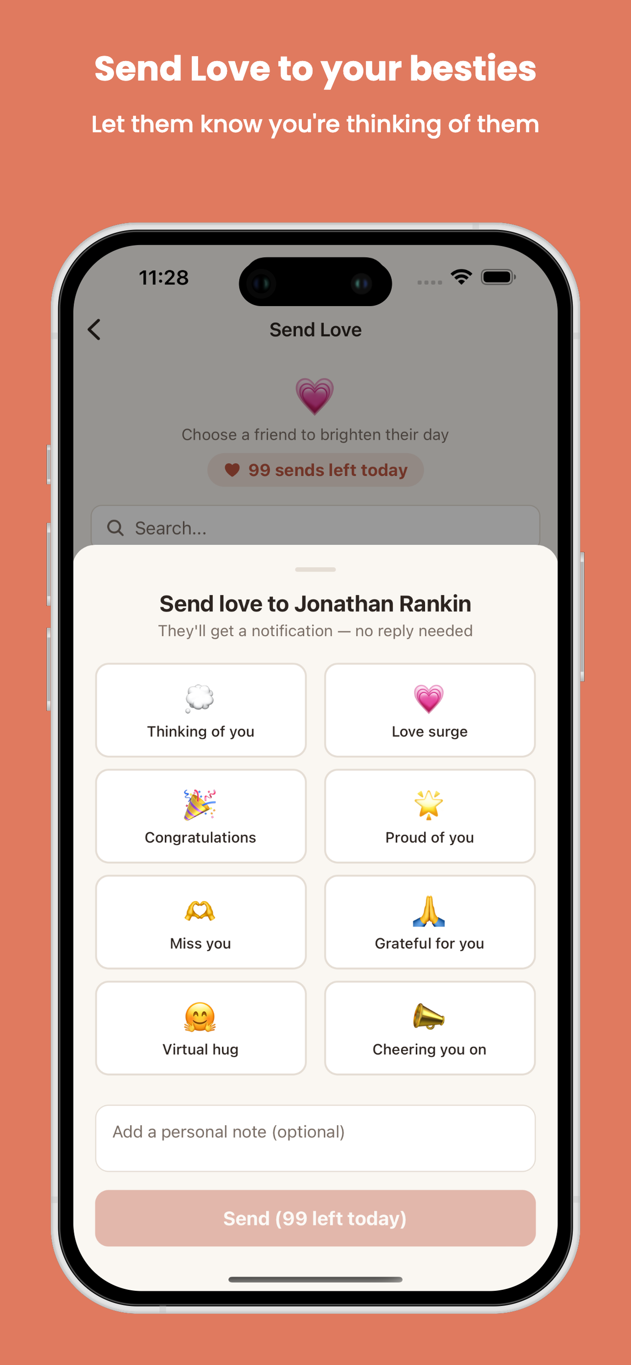 Send Love screen showing options like Thinking of you, Love surge, Virtual hug, and more